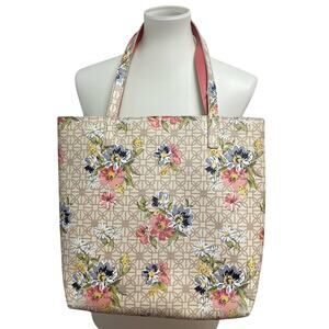 Blue Pink Daisy Flower Floral Trellis Vinyl Double Handle Tote Bag Handbag Purse